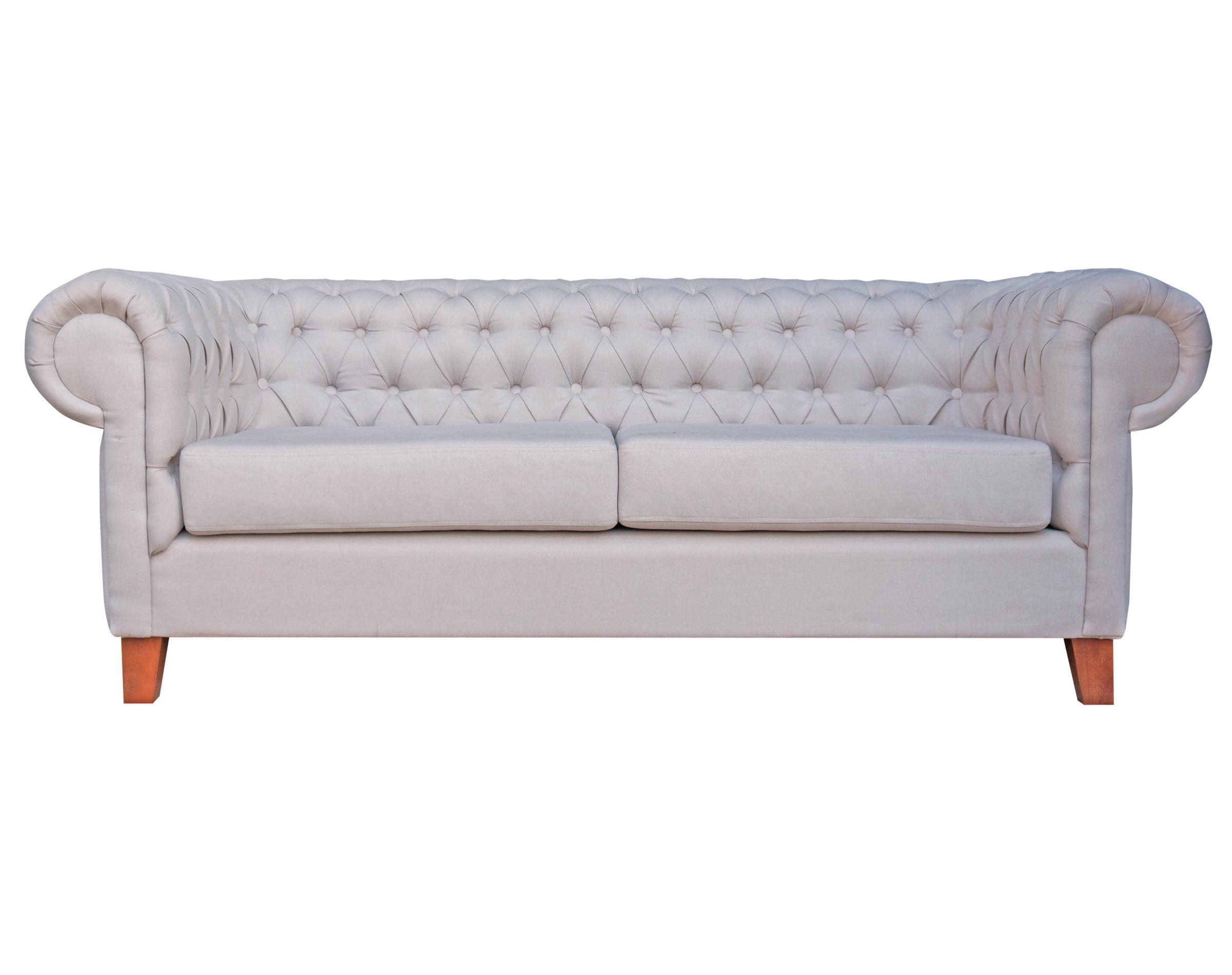 Elegante sofá modelo Chesterfield tapiz color perla y patas madera nogal