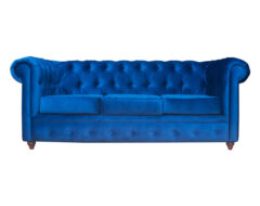Sofá chesterfield capitoné con pata de madera torneada Felpa Art Azul Rey
