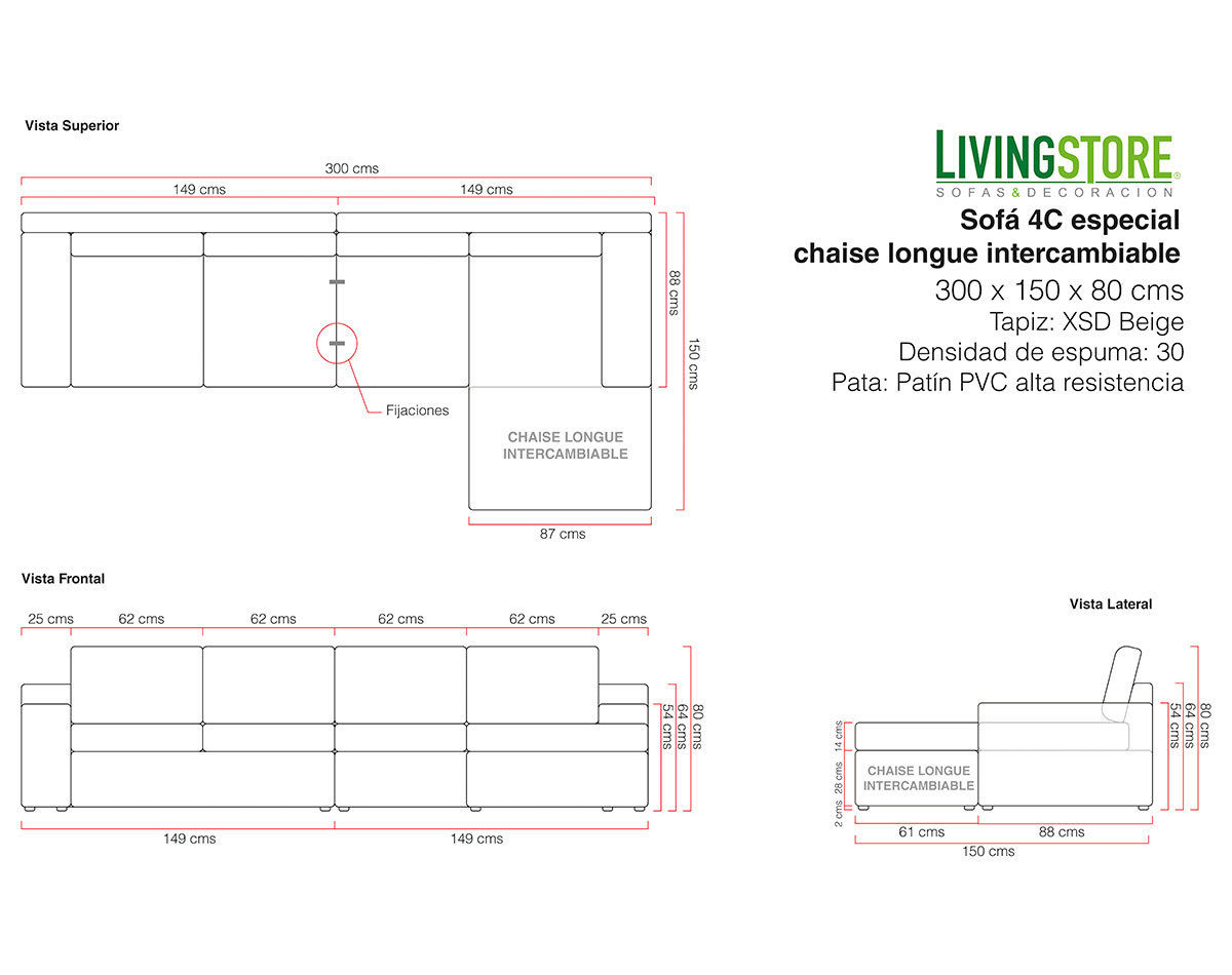Sofa personalizado 4 cuerpos intercambiable tapiz beige planimetria