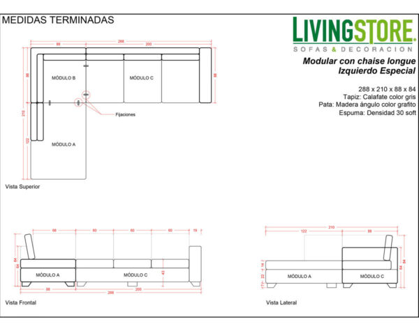 Sofa modular con chaise longue izquierdo especial planimetria