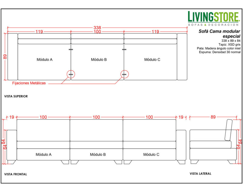 Planimetria Sofá cama modular especial diseño a la medida 