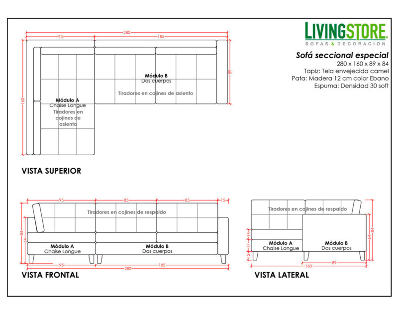 Sofá modular izquierdo tela envejecida camel planimetria