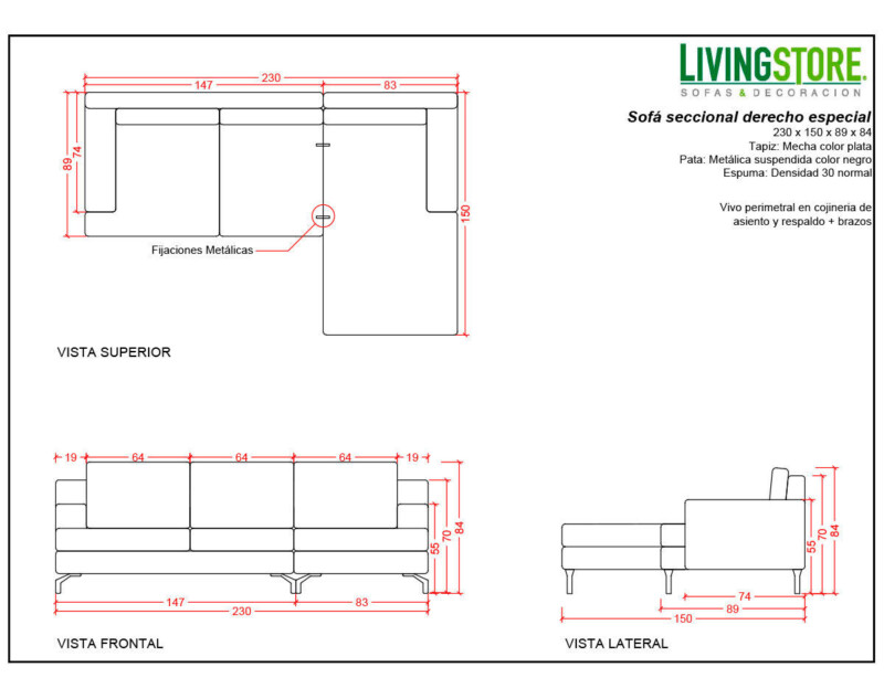 Planimetria de Sofá Seccional A Medida Con Patas Suspendidas con medidas y proyecto para fabricación