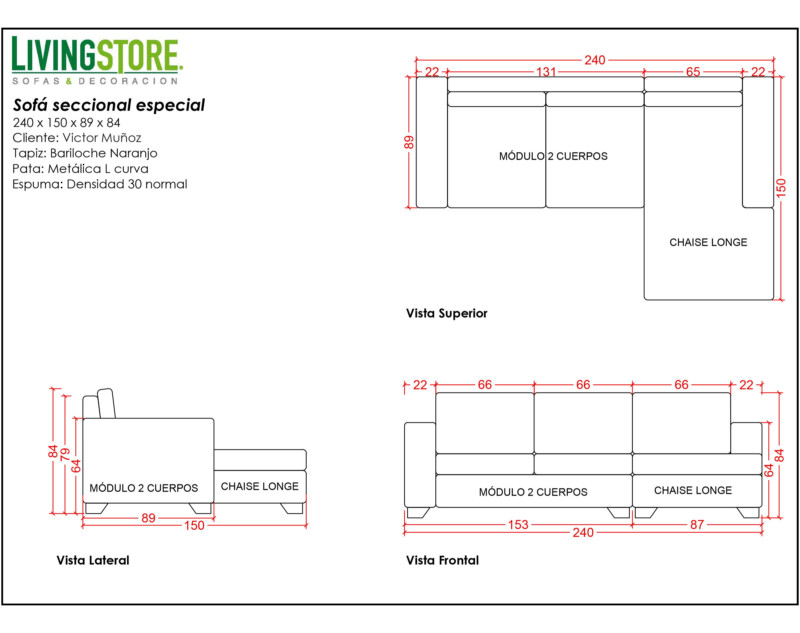 Planimetría de Sofá tipo L personalizado Con Patas Metálicas Color Naranjo Lateral