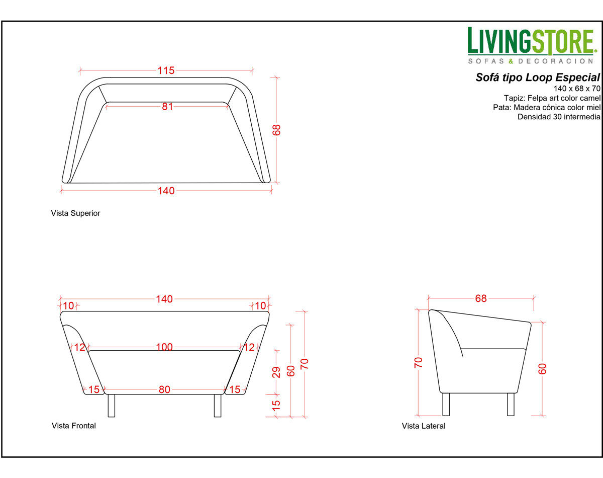Sofá Loop Felpa Art Camel Planimetria