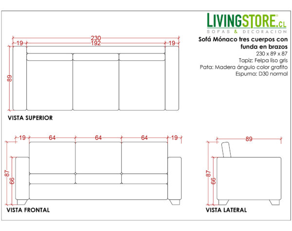 Sofa Monaco 3 Cuerpos Con Funda En Brazos Planimetria