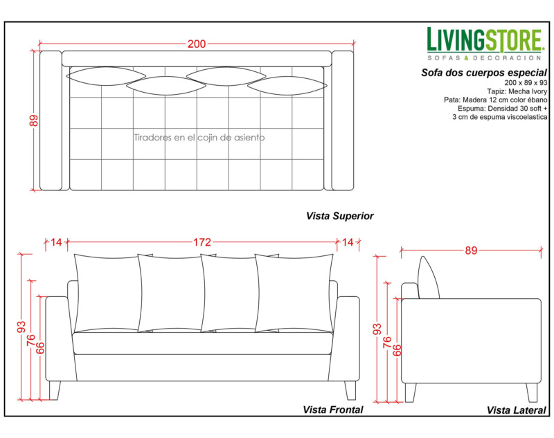 Sofa 2 cuerpos especial Mecha ivory planimetria
