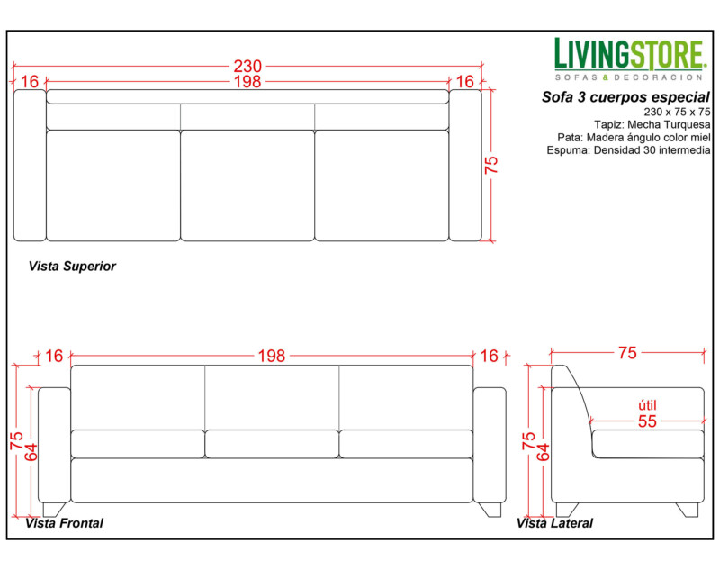 Sofa tres cuerpos especial Mecha turquesa personalizado planimetria