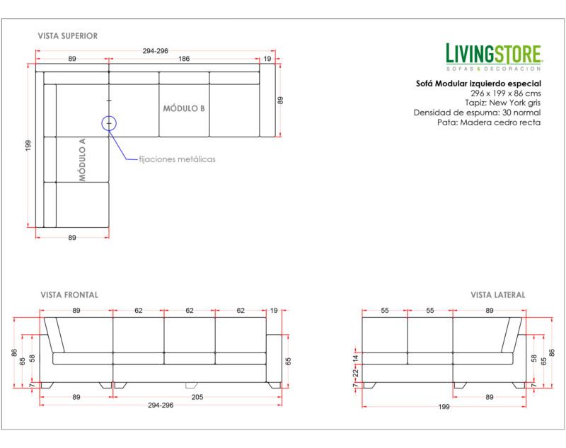 Sofá modular izquierdo personalizado planimetria