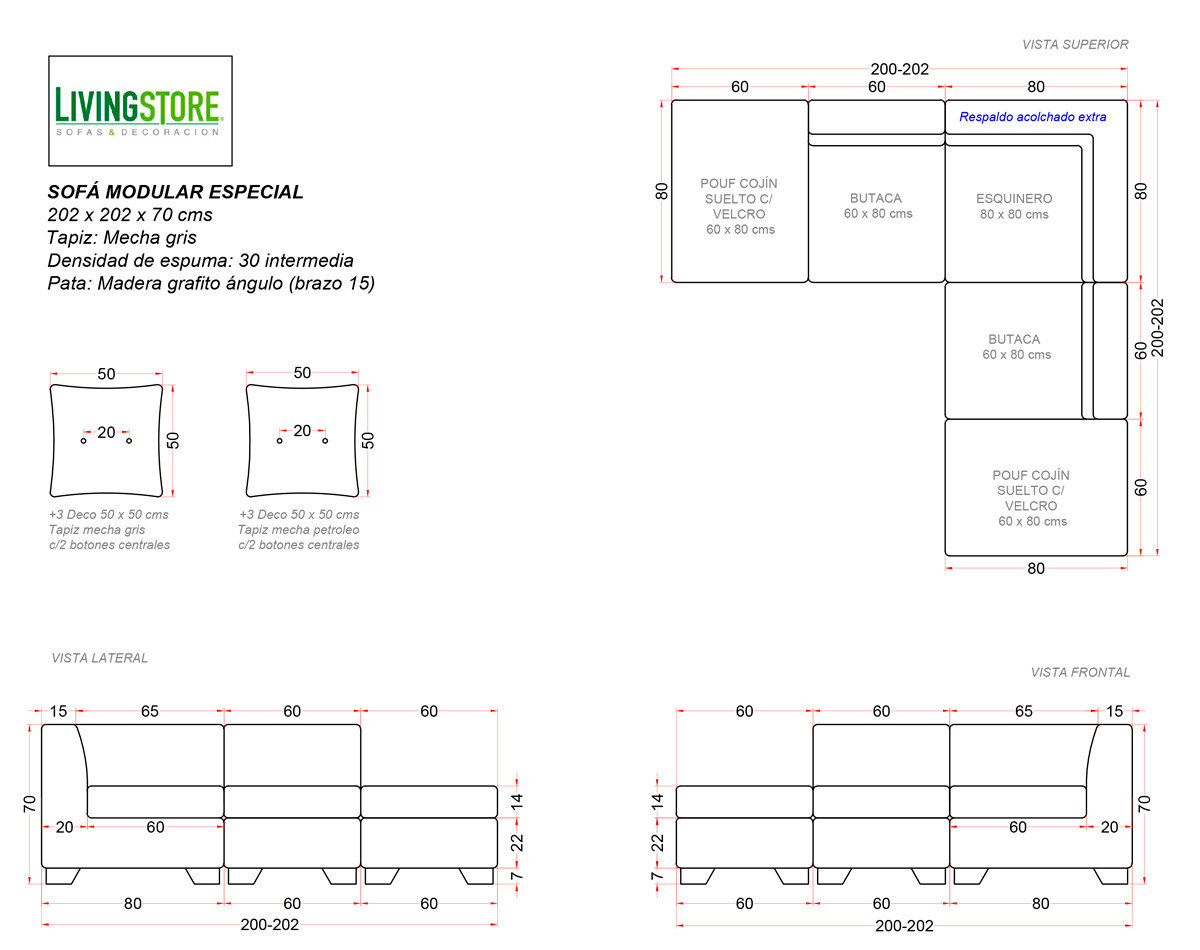 Sofa esquinero modular Mecha gris planimetria