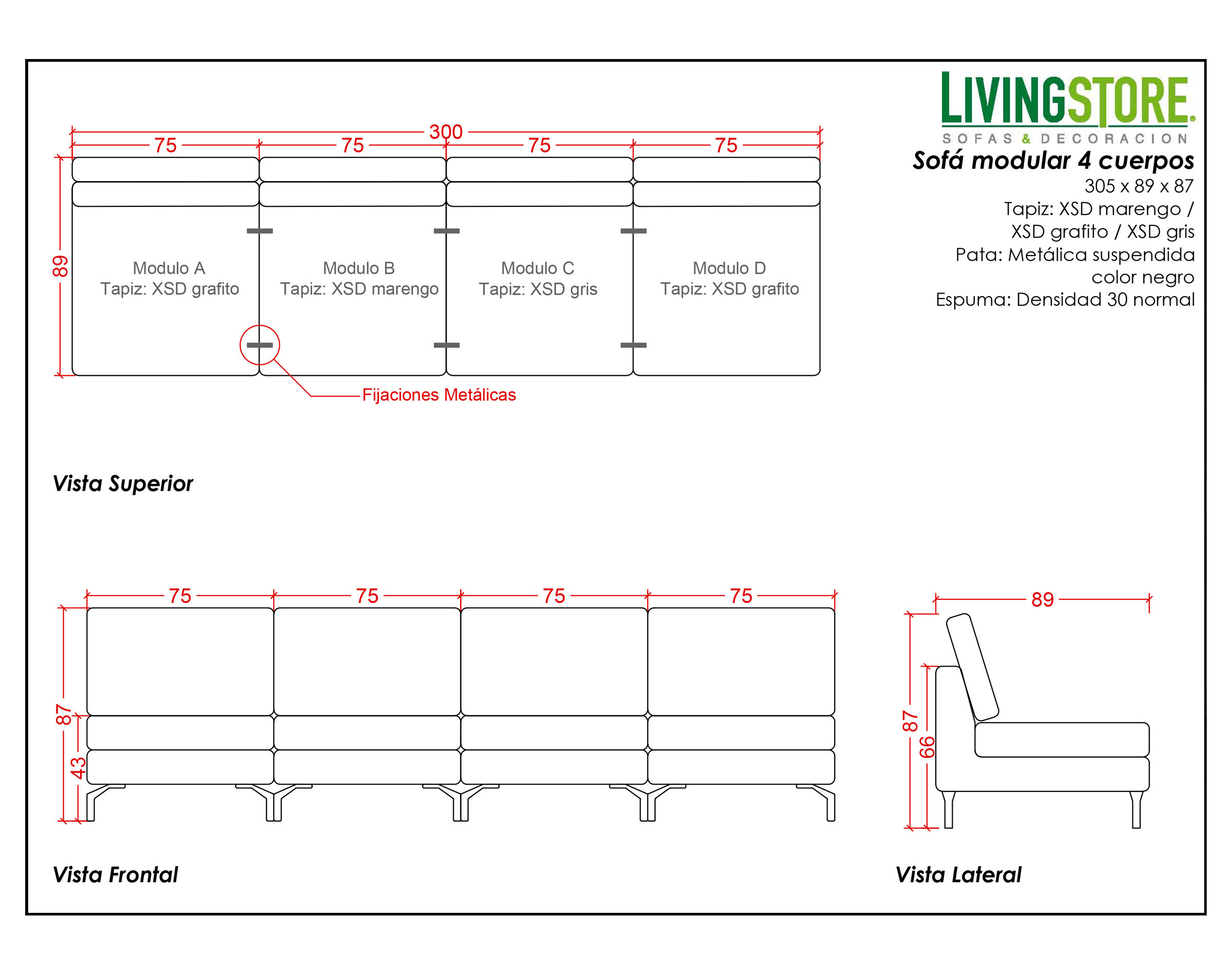 Sofa modular 4 cuerpos XSD con patas metalicas planimetria