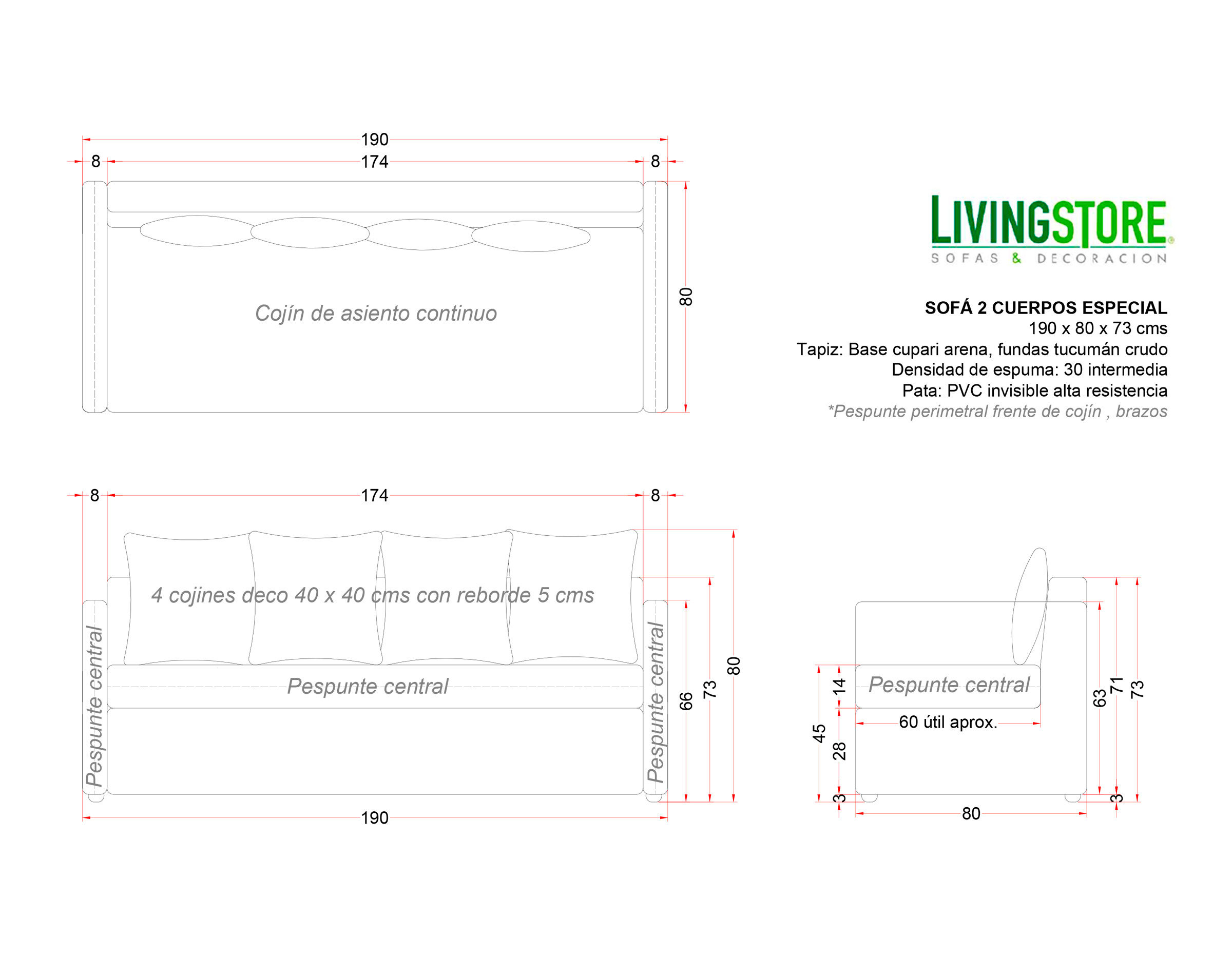 planimetria Sofá 2 cuerpos con terminaciones de pespunte perimetral