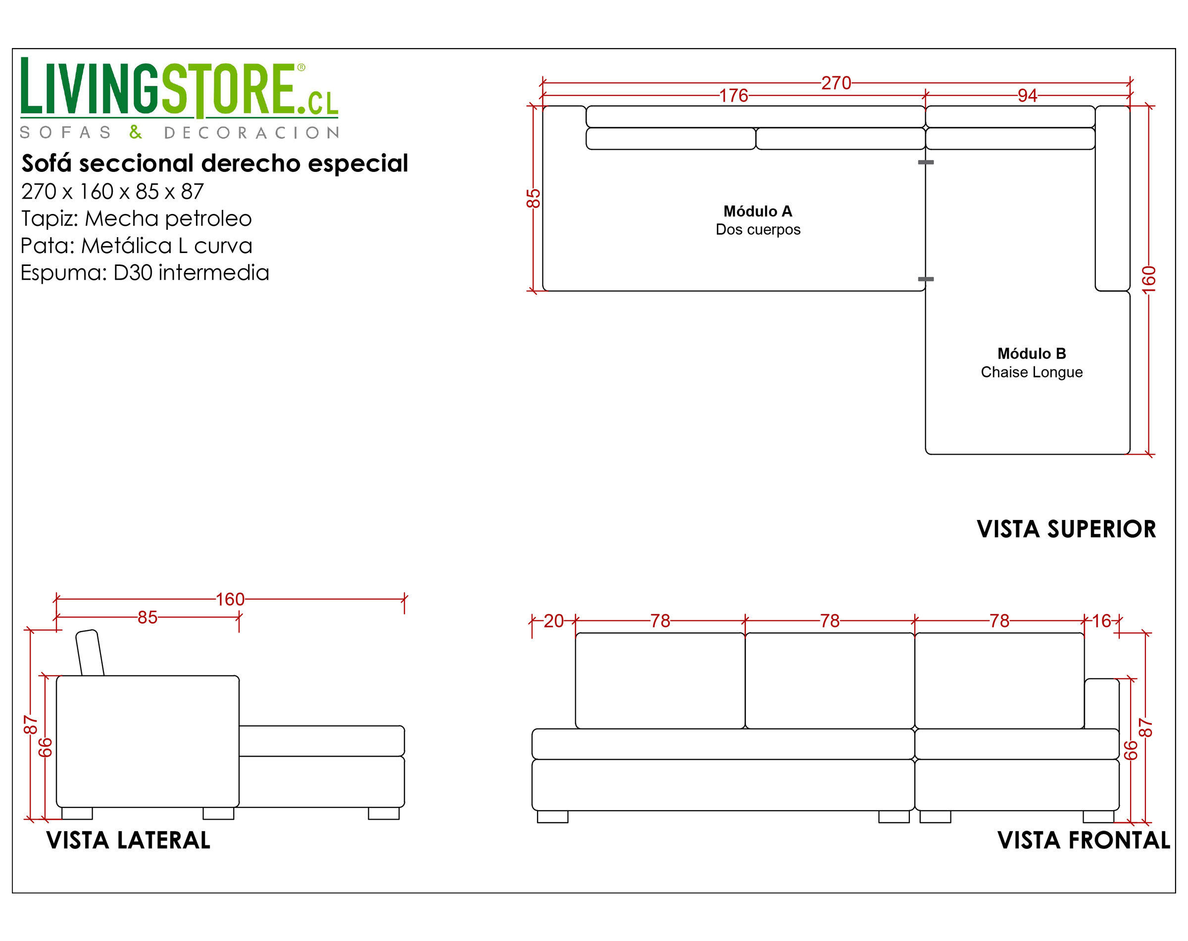 planimetria sofa personalizado con pata metalica