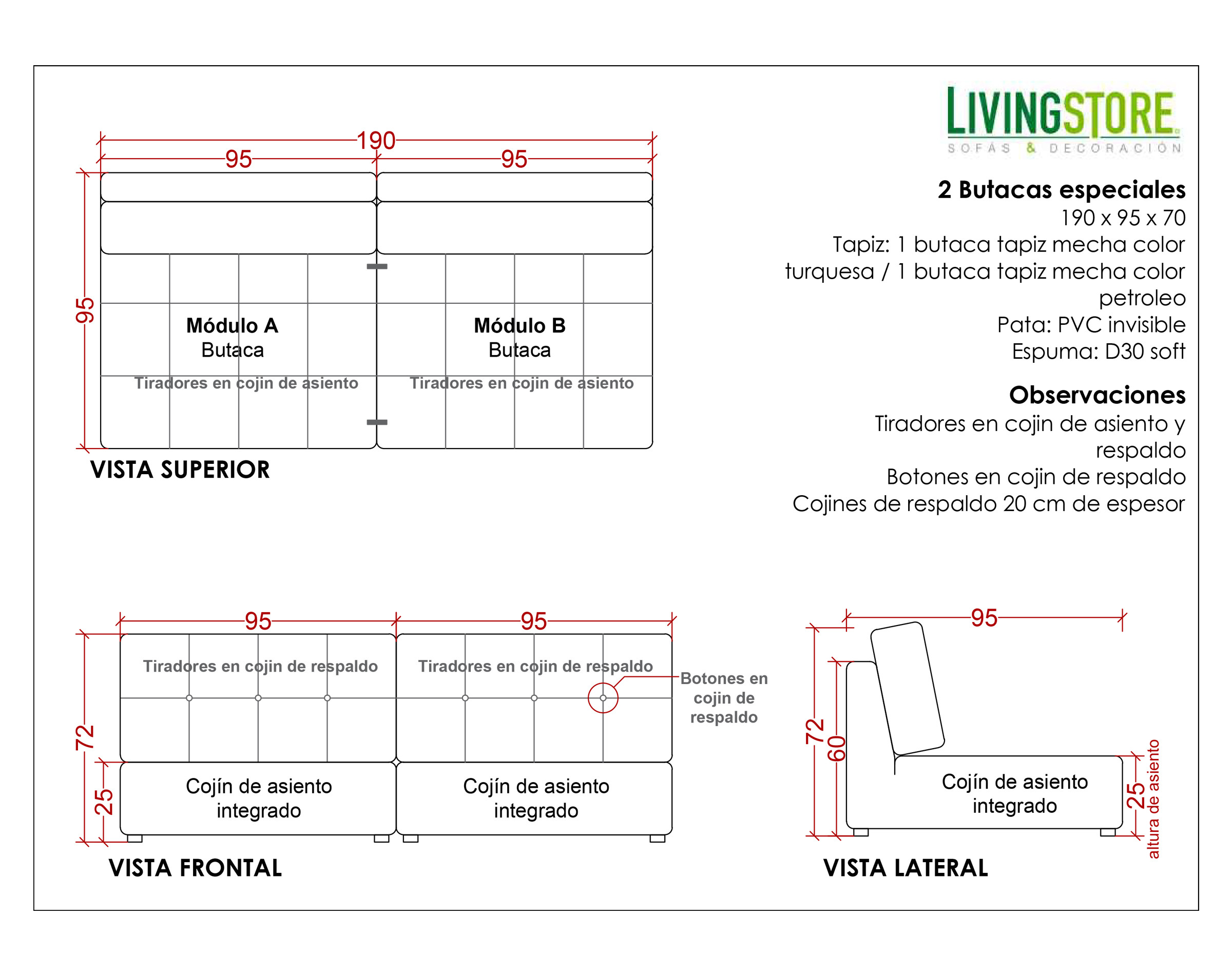 Butaca Modular Bicolor En Tapiz Mecha Con Tiradores Planimetria