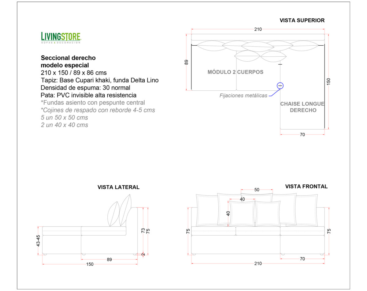 Planimetria Sofa Sin Brazos Con Funda Pespunte