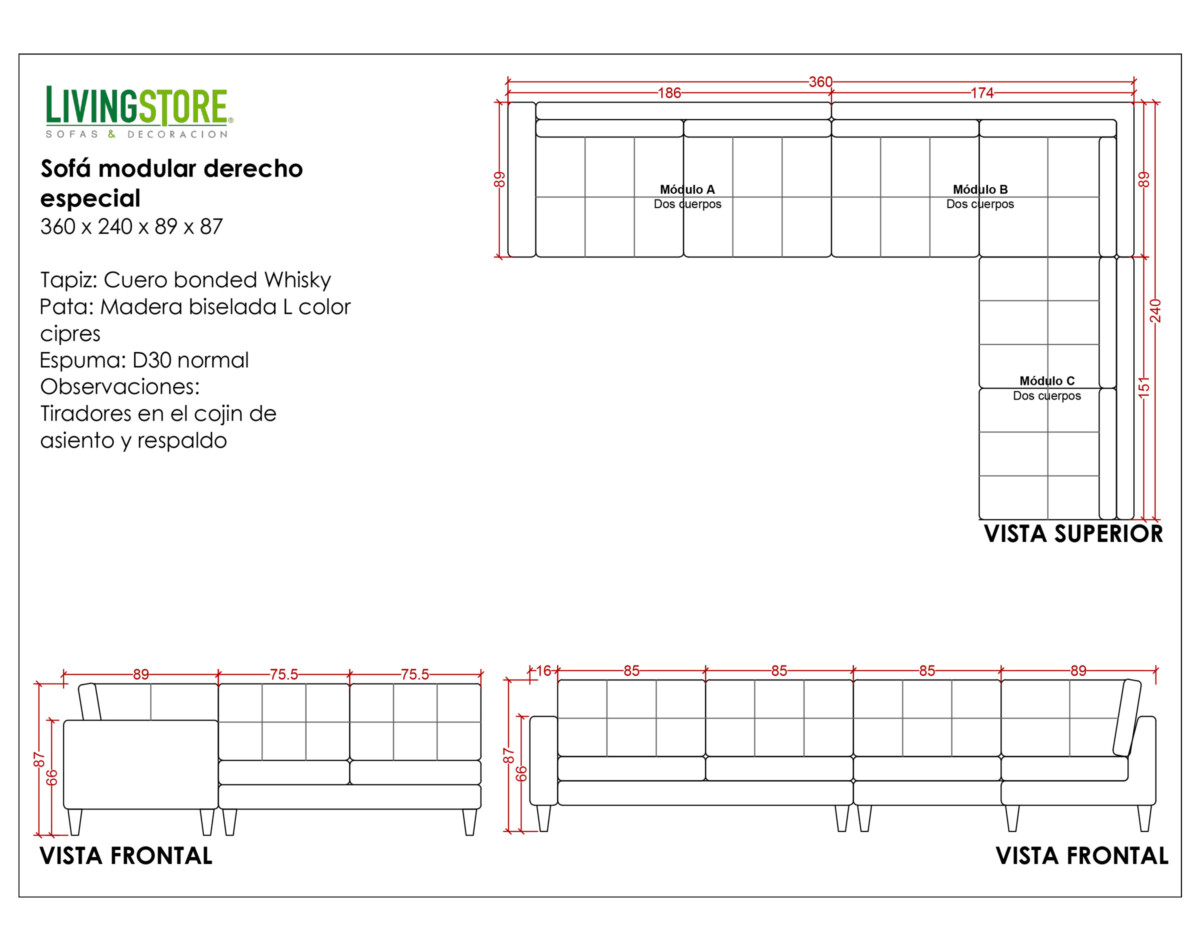 Sofa Modular Cuero Bonded Planimetria