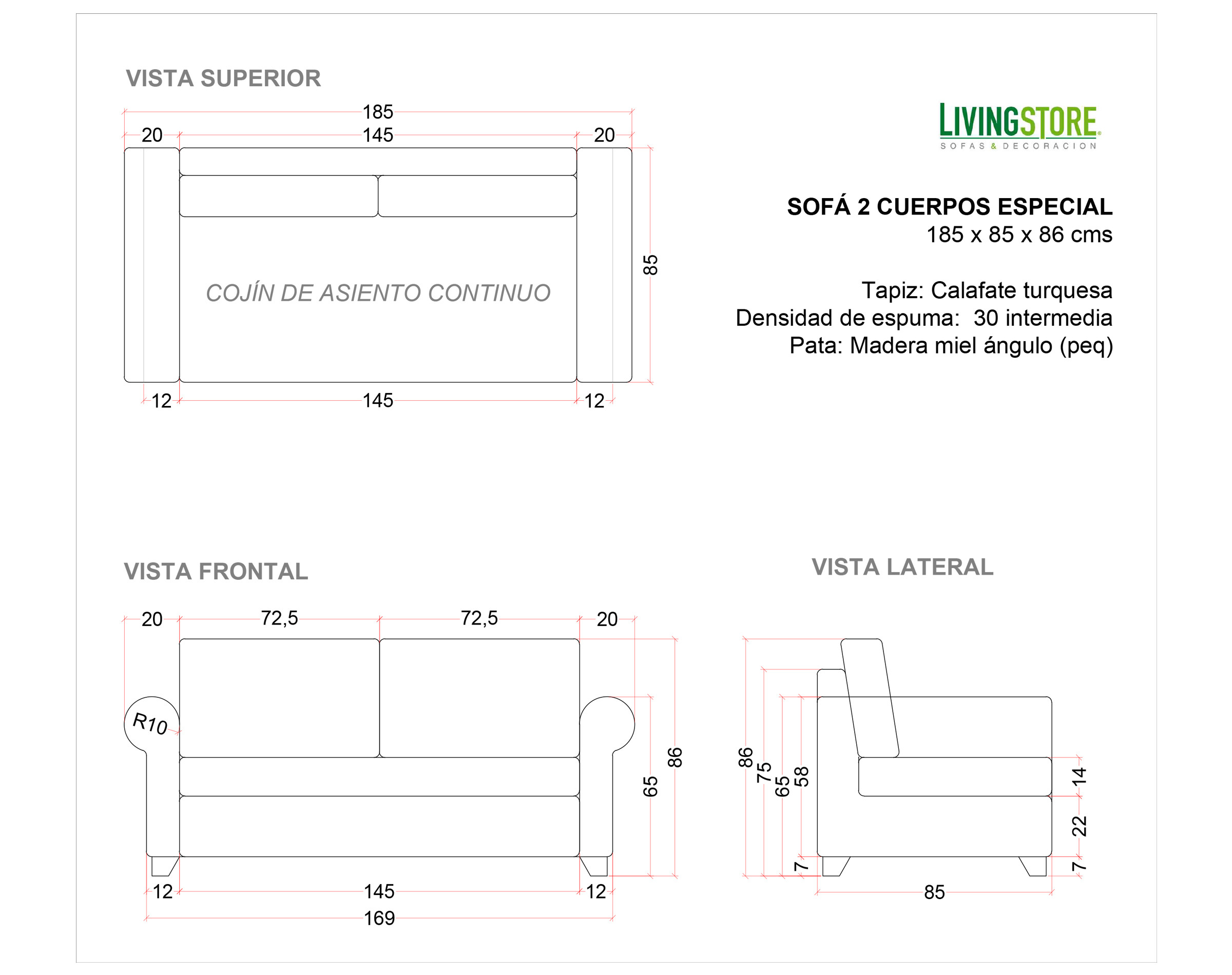 Sofa 2c Brazo Clasico Calafate Turquesa Planimetria