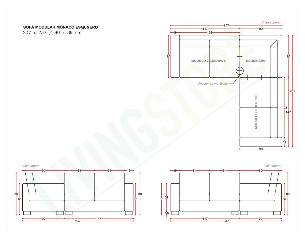 sofá modular esquinero 5 cuerpos Mónaco