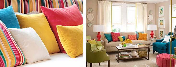 decoración interior y cojínes coloridos para sofá Cojínes de sofás en colores, living decorado con poltronas en tonos vibrantes y sofá en tonos neutros