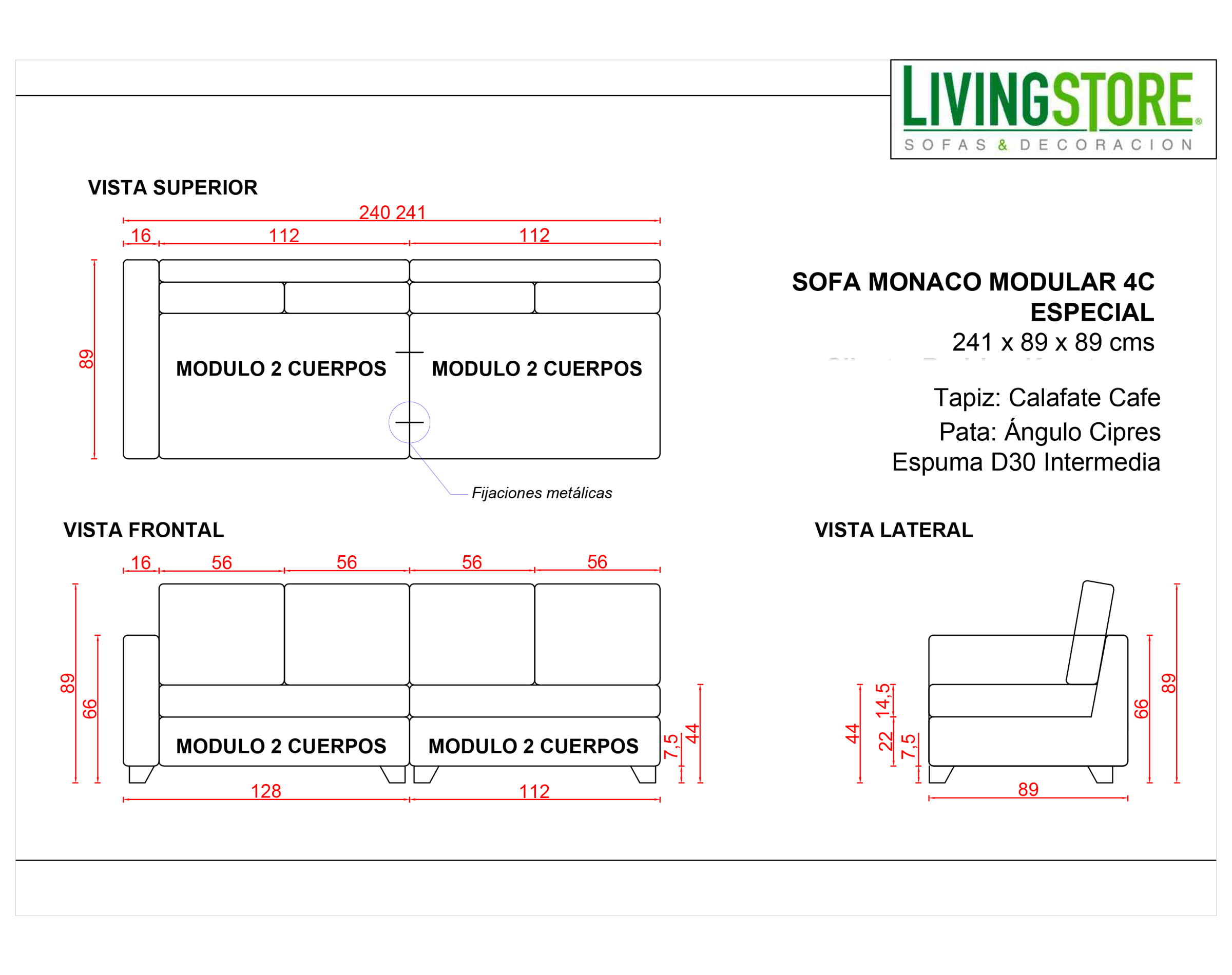 Planimetria Sofa Monaco 4 Cuerpos Especial Cafate