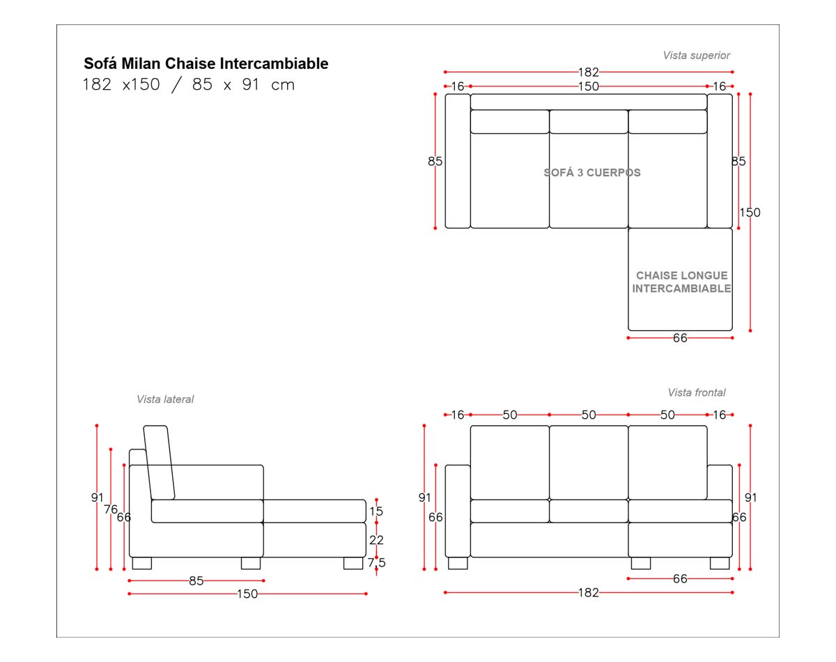 sofá 3 cuerpos milan chaise longue intercambiable cuero bonded 30%