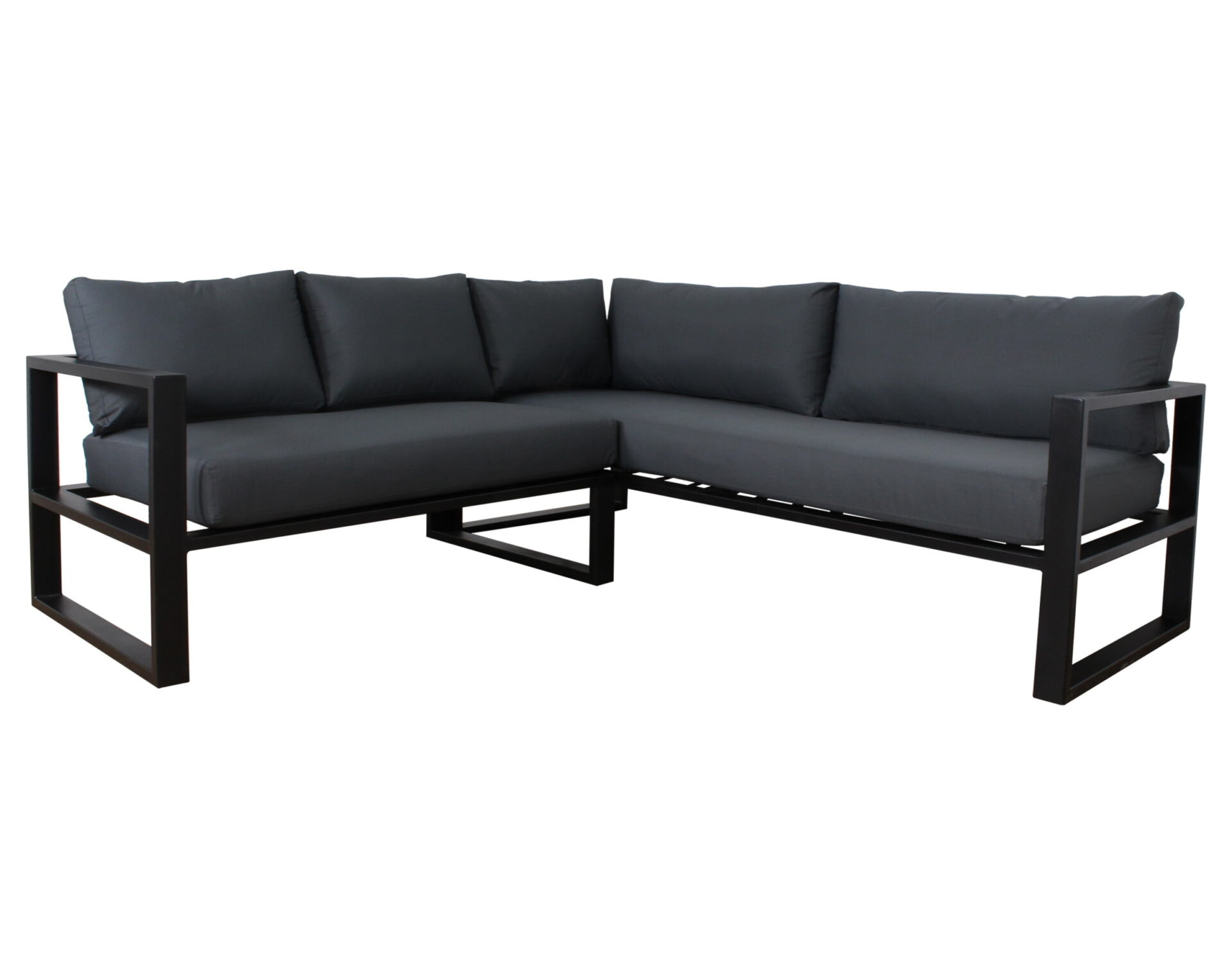 sofa modular terraza metal negro cojines lona acero