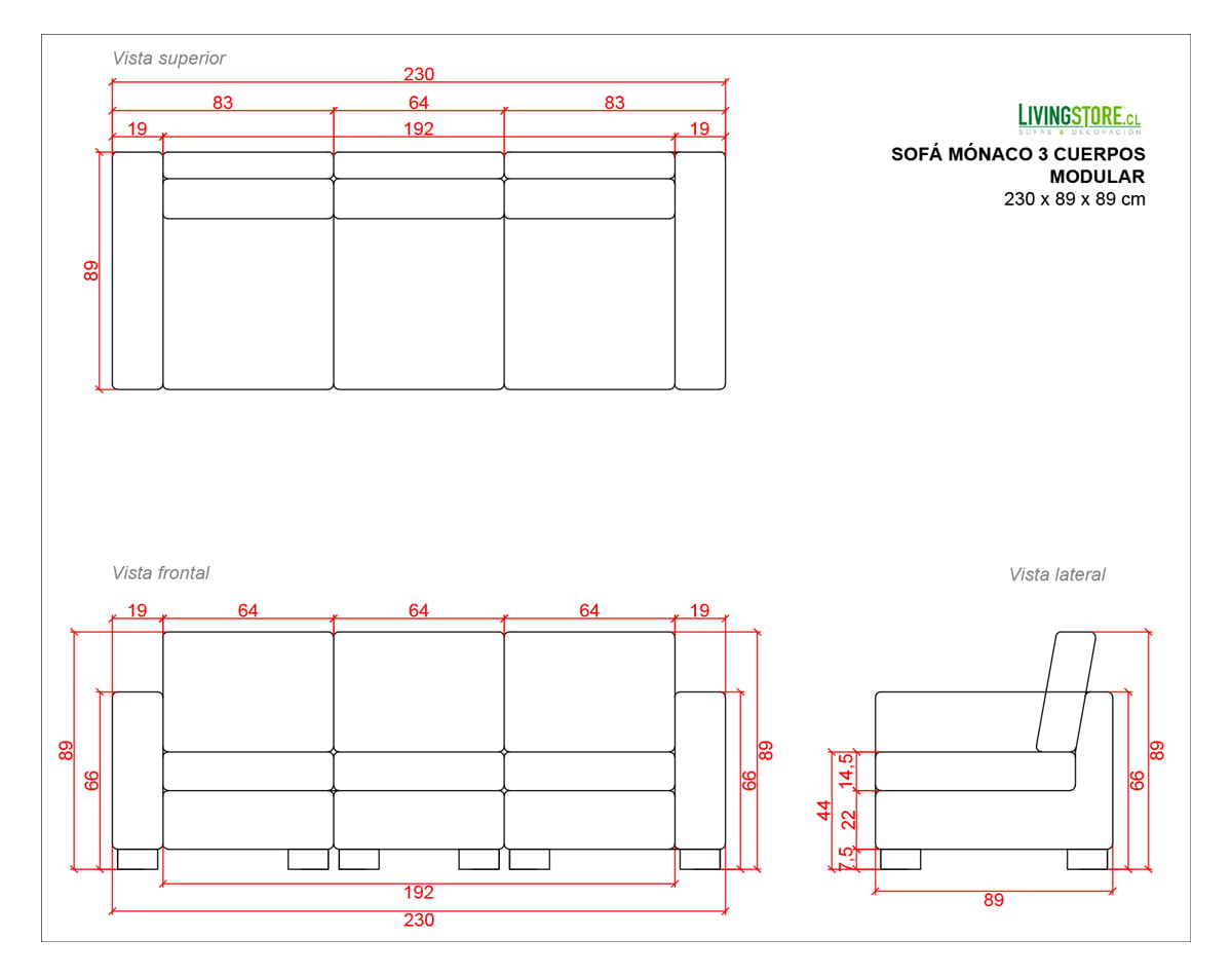 planimetria sofa monaco 3 cuerpos modular