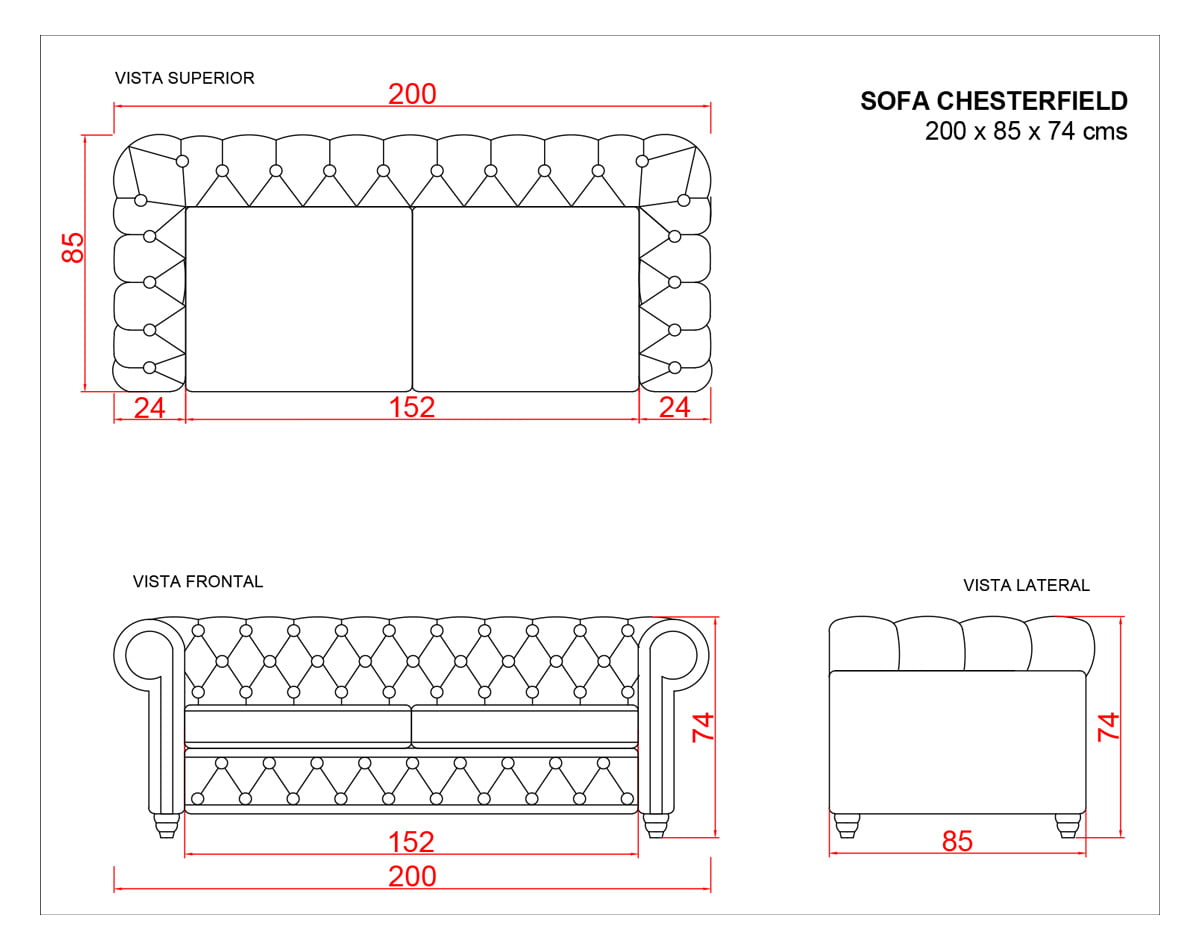 planimetria sofa chester 200 cm