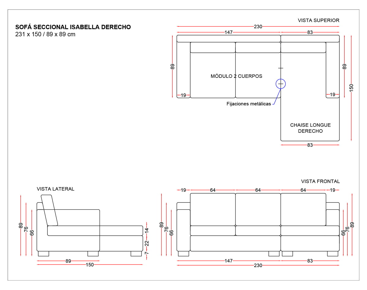 sofá seccional chaise longue derecho isabella