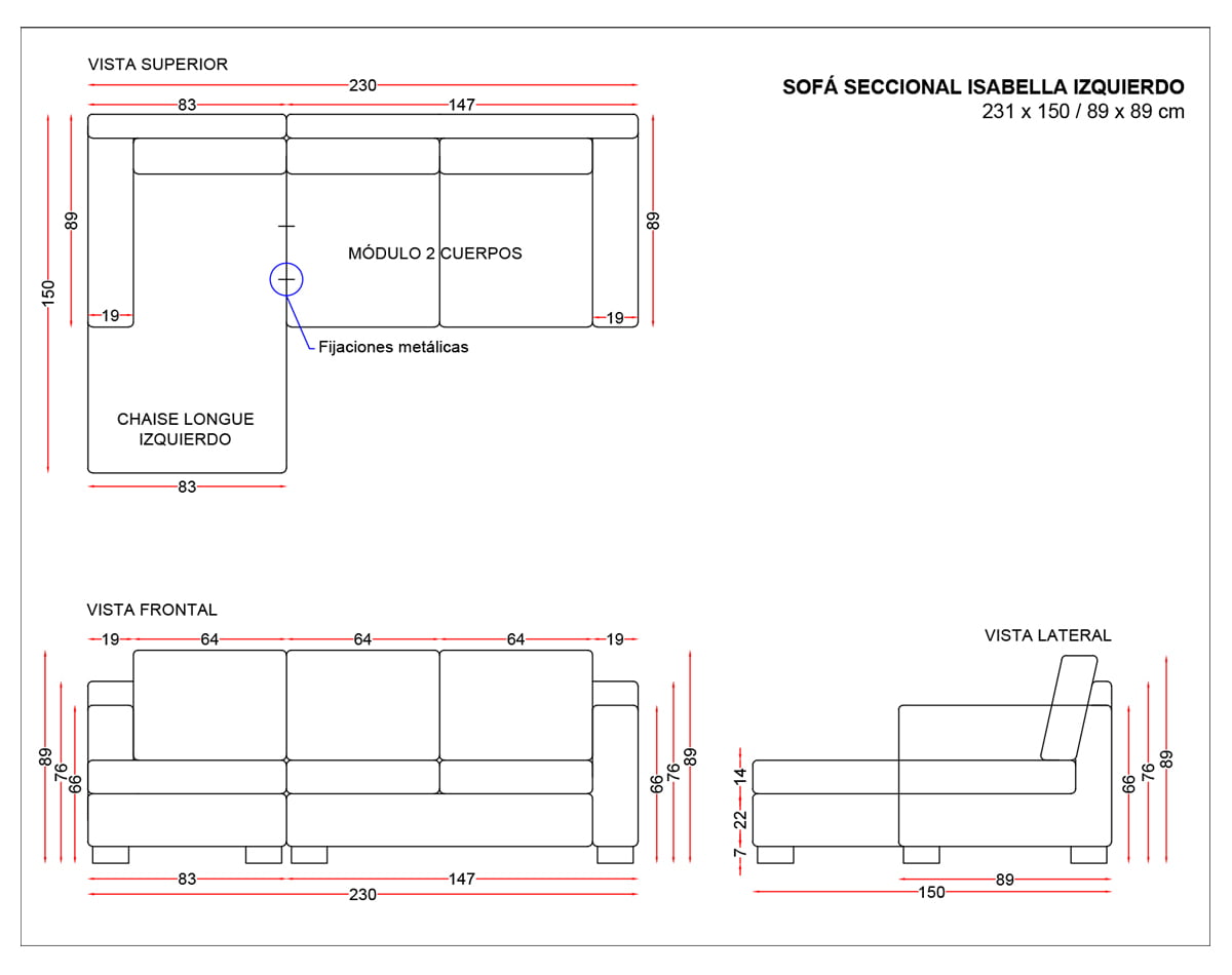 sofá seccional chaise longue derecho isabella