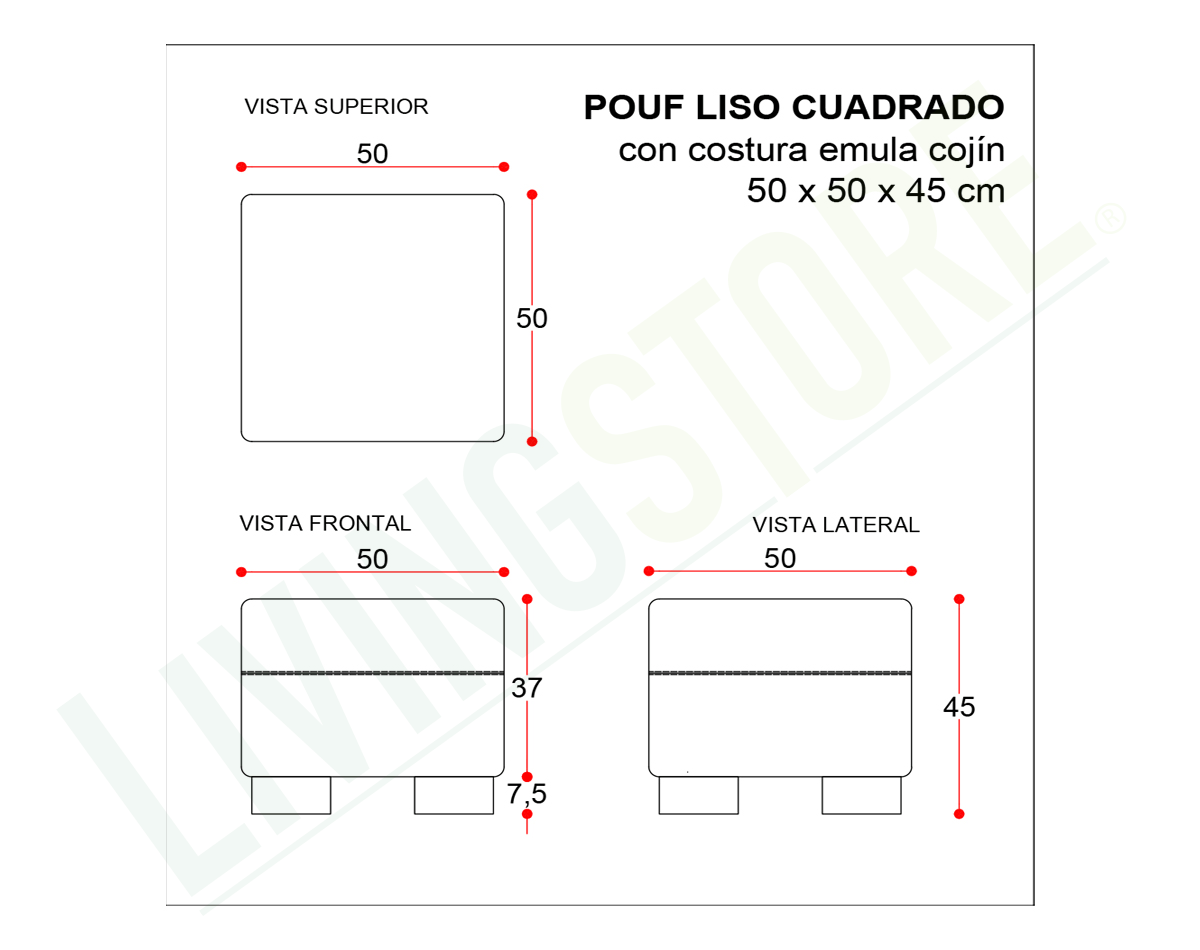 planimetria 2023 pouf liso cuadrado 50 cm costura