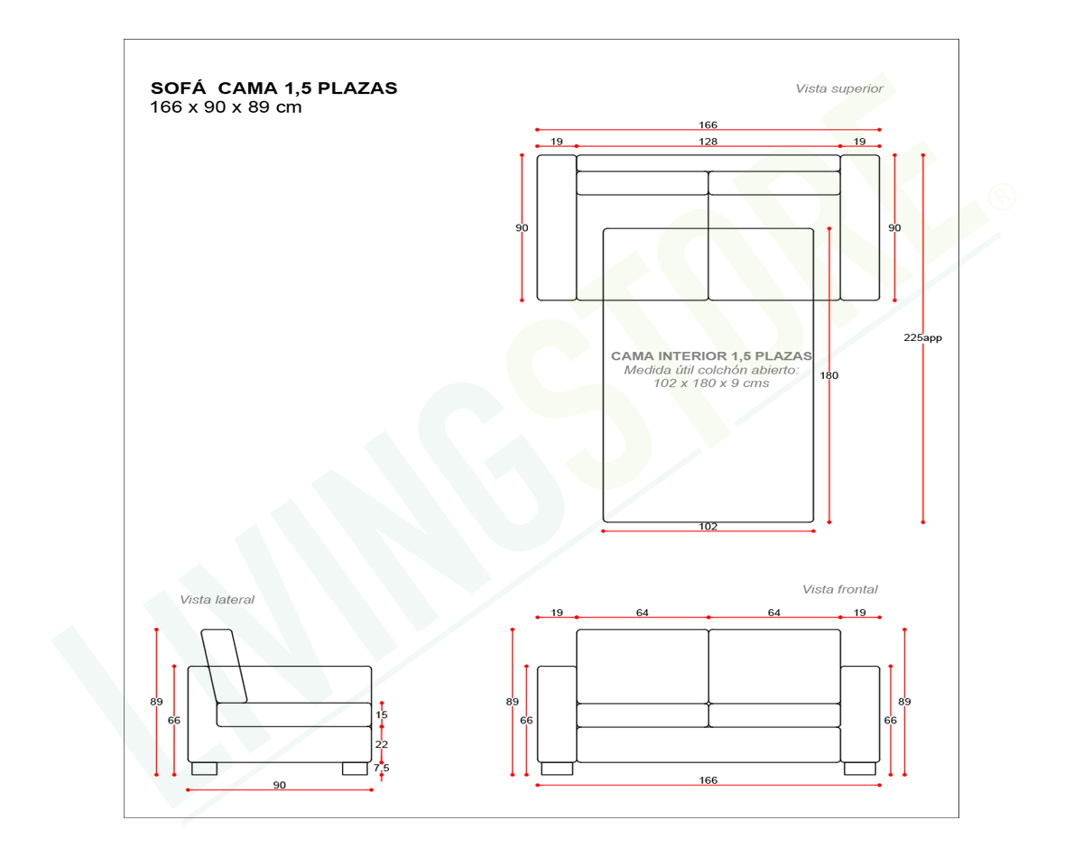 planimetría sofa cama 1 5 plazas