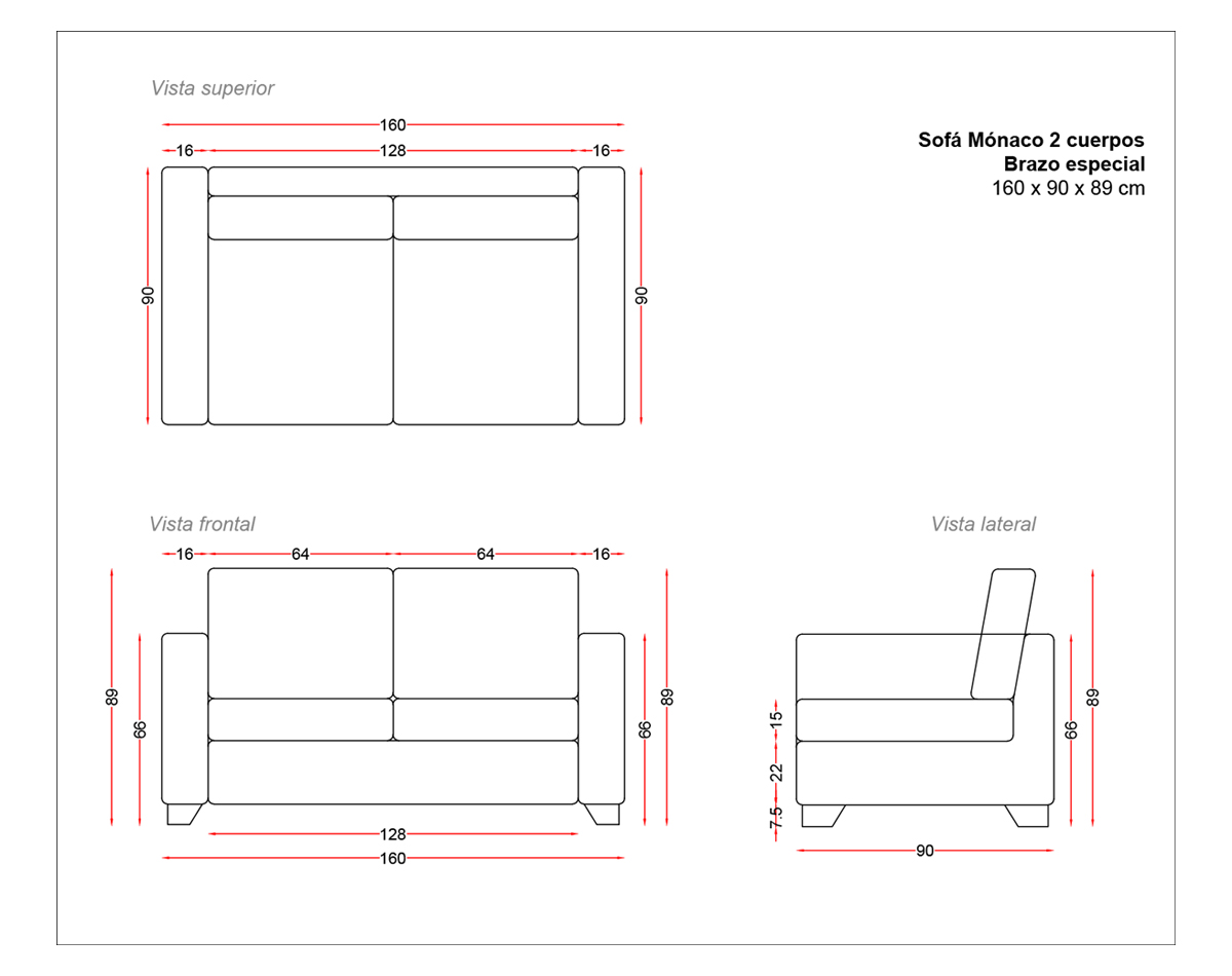 planimetria sofa monaco 2 cuerpos brazo especial