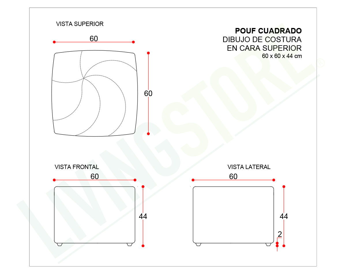 planimetria pouf cuadrado dibujo costura