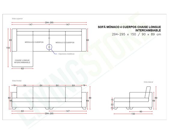 planimetria sofá 4 cuerpos mónaco chaise longue intercambiable bariloche