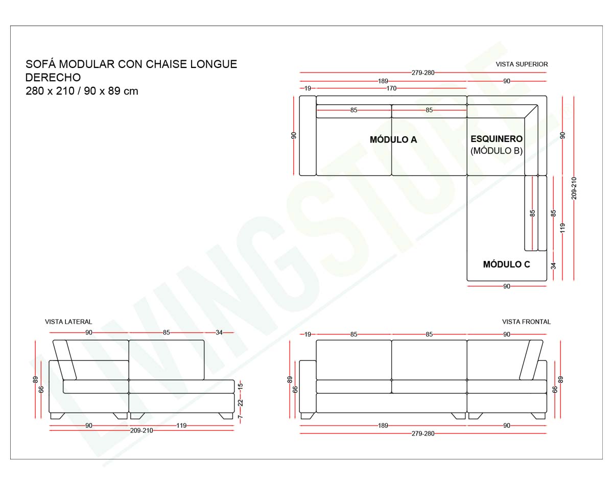 sofá modular con chaise longue derecho cuero bonded 70%
