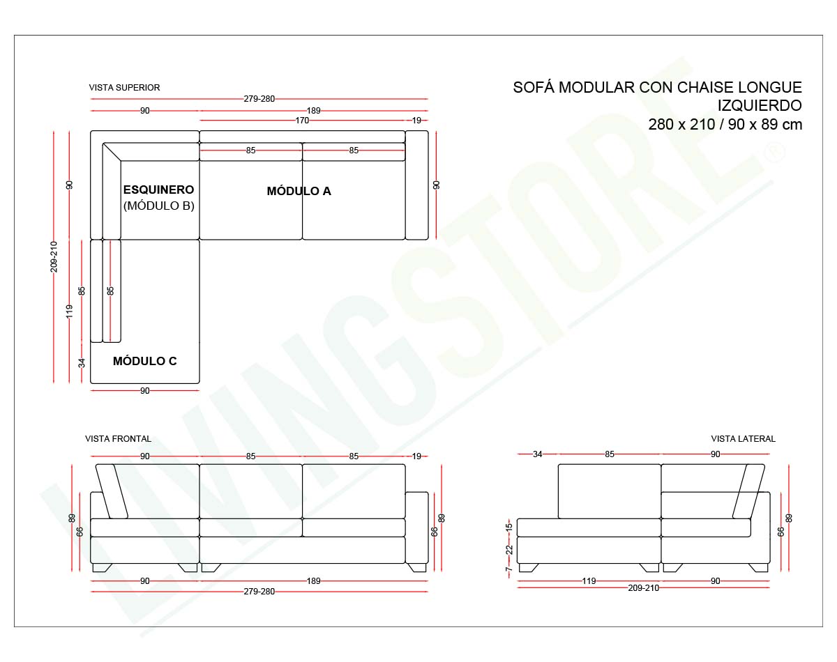sofá modular con chaise longue izquierdo cuero bonded 70%