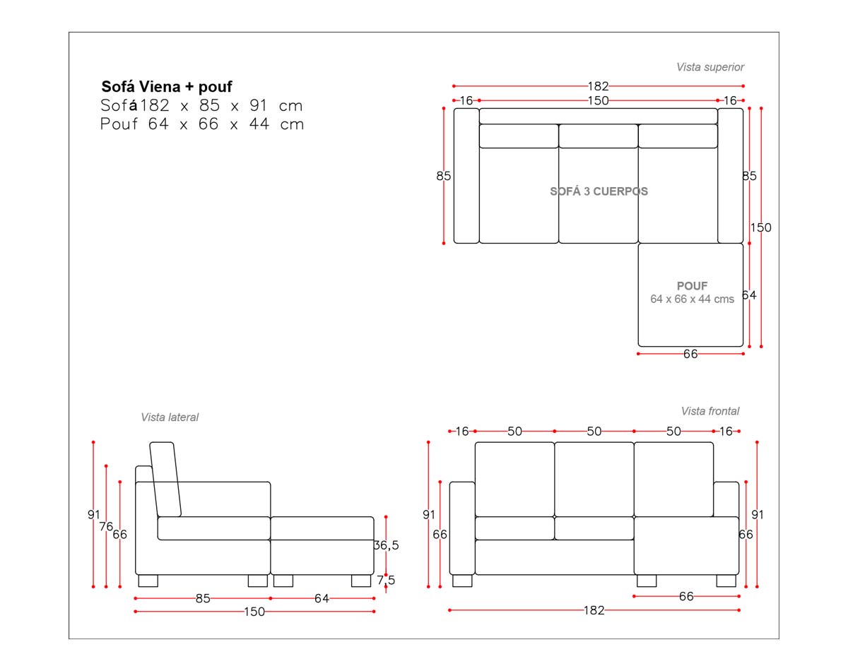 sofá 3 cuerpos + pouf viena vv 27