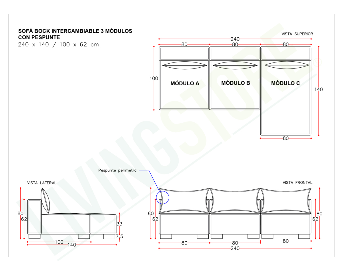 sofá modular intercambiable 3 módulos bock pespunte dresde