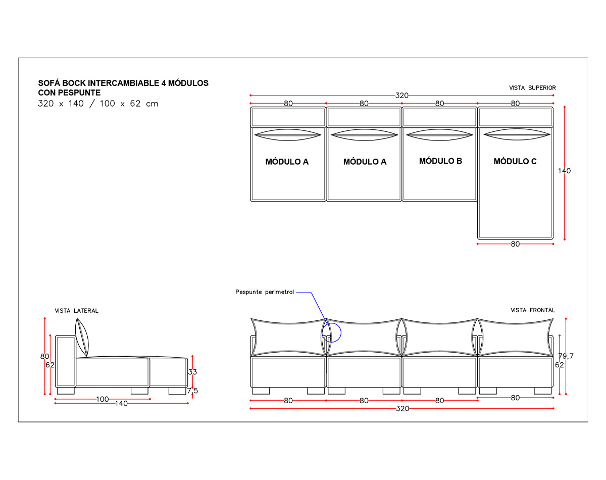 sofá modular intercambiable 4 módulos bock pespunte dresde