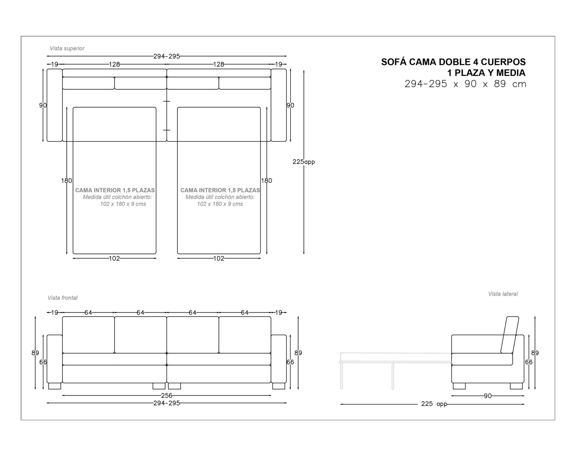 sofá cama 4 cuerpos doble colchón 1.5 plazas urban wr protect