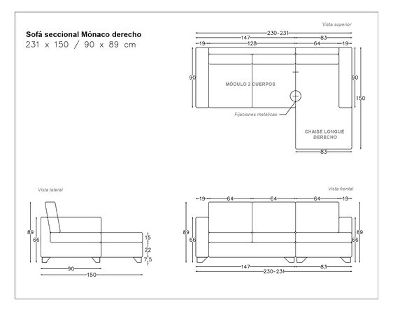 sofá seccional mónaco derecho