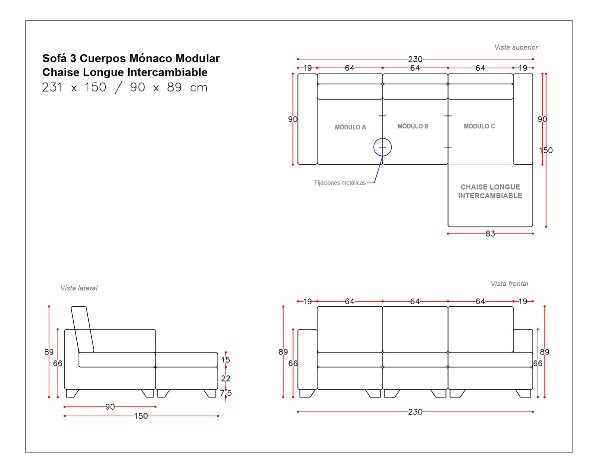 sofá 3 cuerpos mónaco modular chaise longue intercambiable finesse