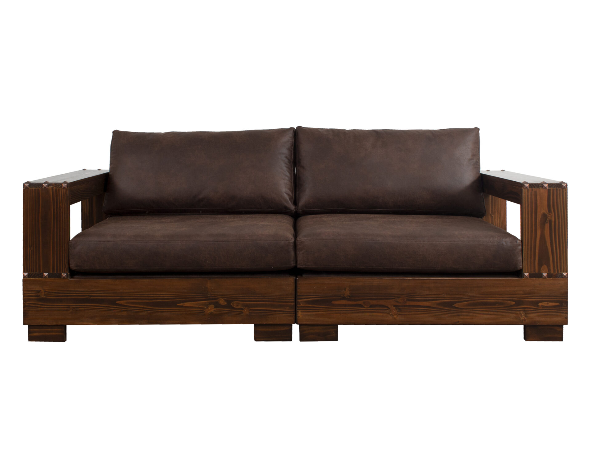 sofa 2 modulos madera y tachas cuero bondede 70 dk brown frente