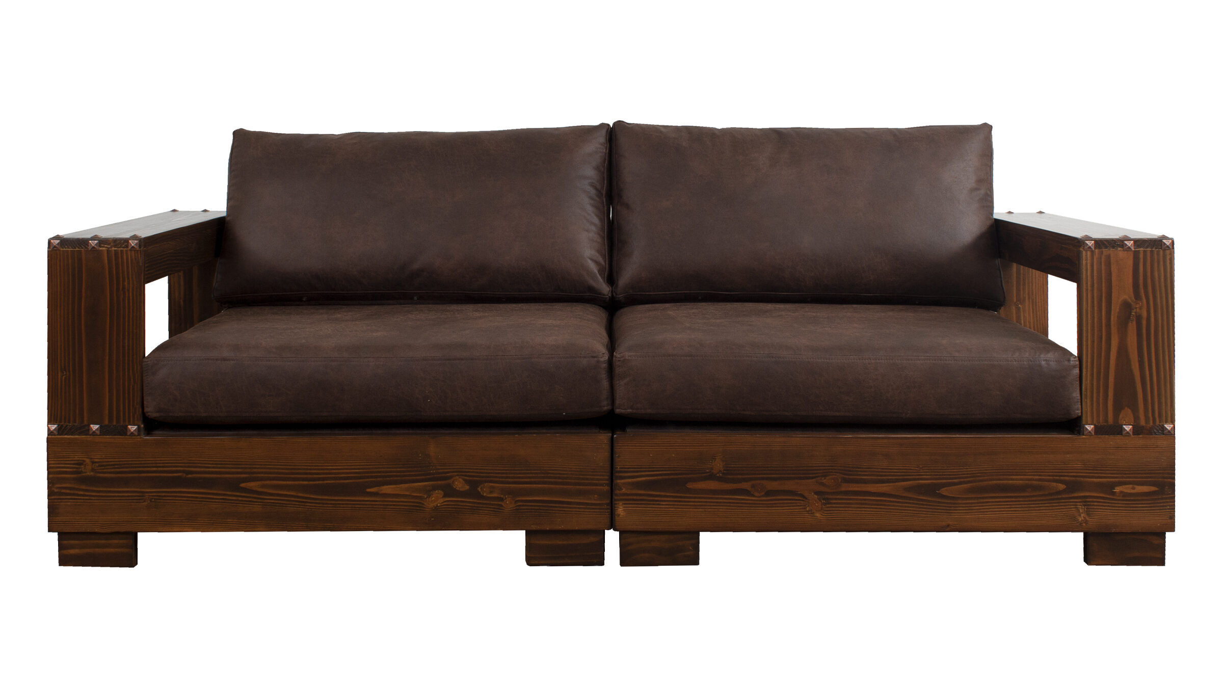sofa 2 modulos madera y tachas cuero bondede 70 dk brown frente
