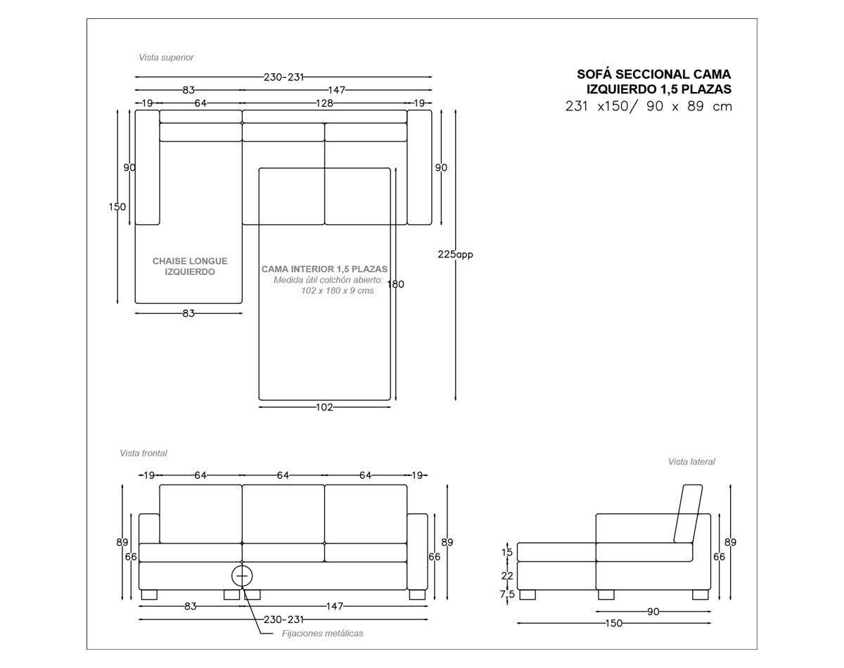 sofá seccional cama izquierdo 1,5 plazas urban cuero sintético terra pro