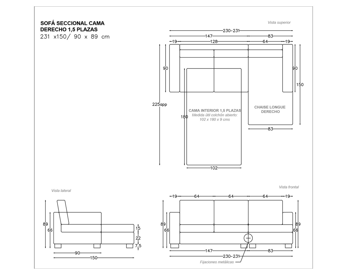 sofá seccional cama derecho 1,5 plazas urban cuero sintético terra pro