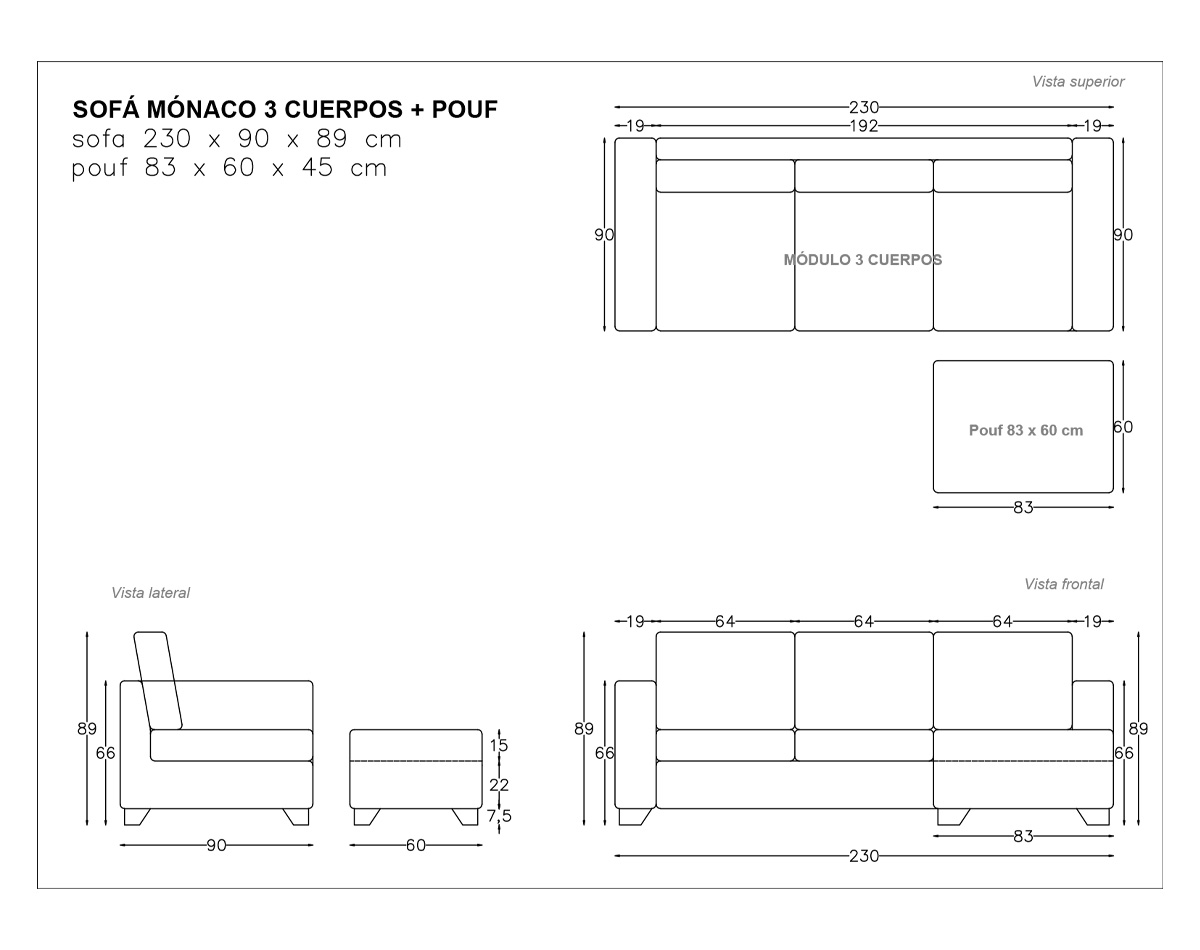 sofá 3 cuerpos mónaco + pouf tela envejecida