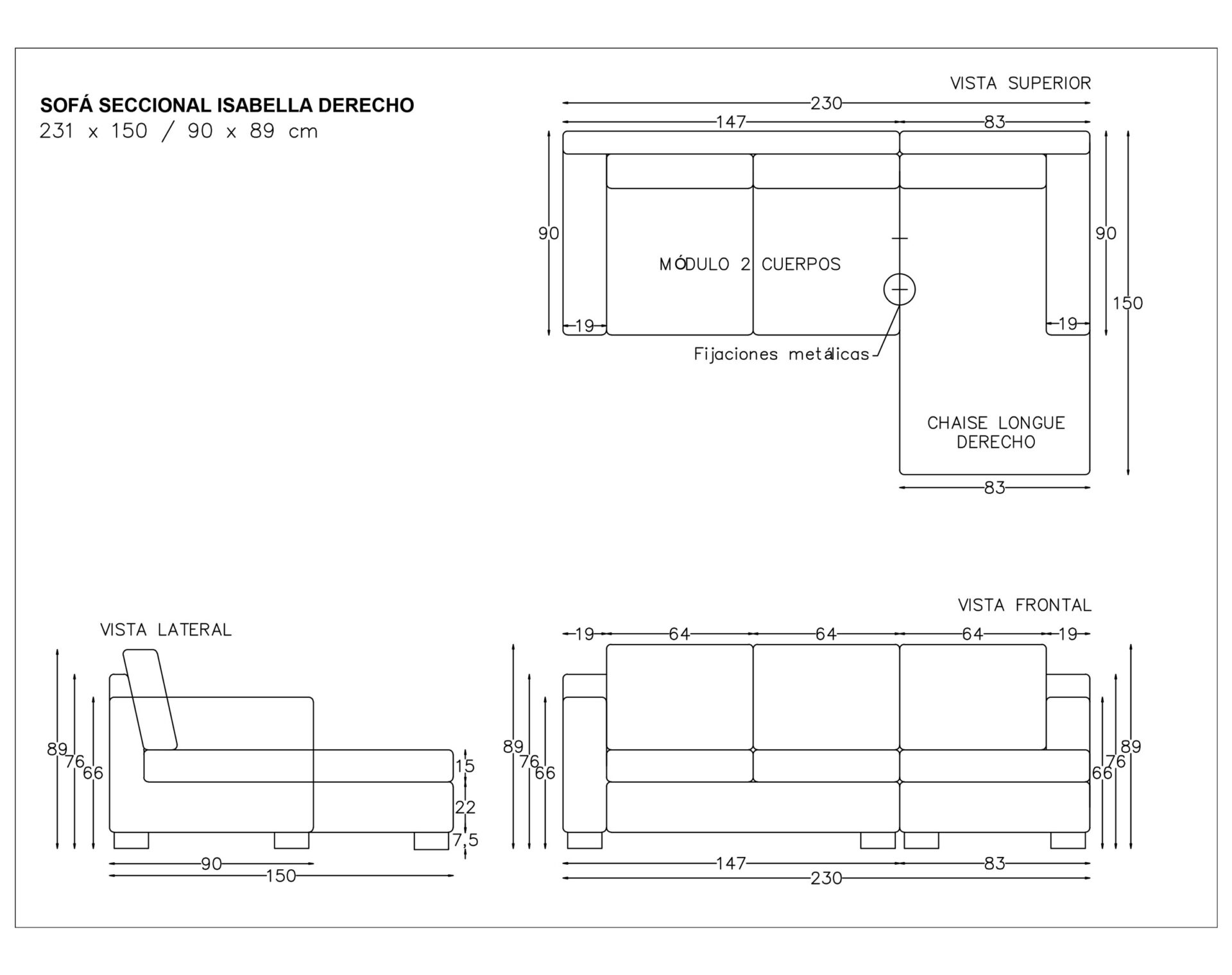 sofá seccional isabella chaise longue derecho cuero bonded 70%