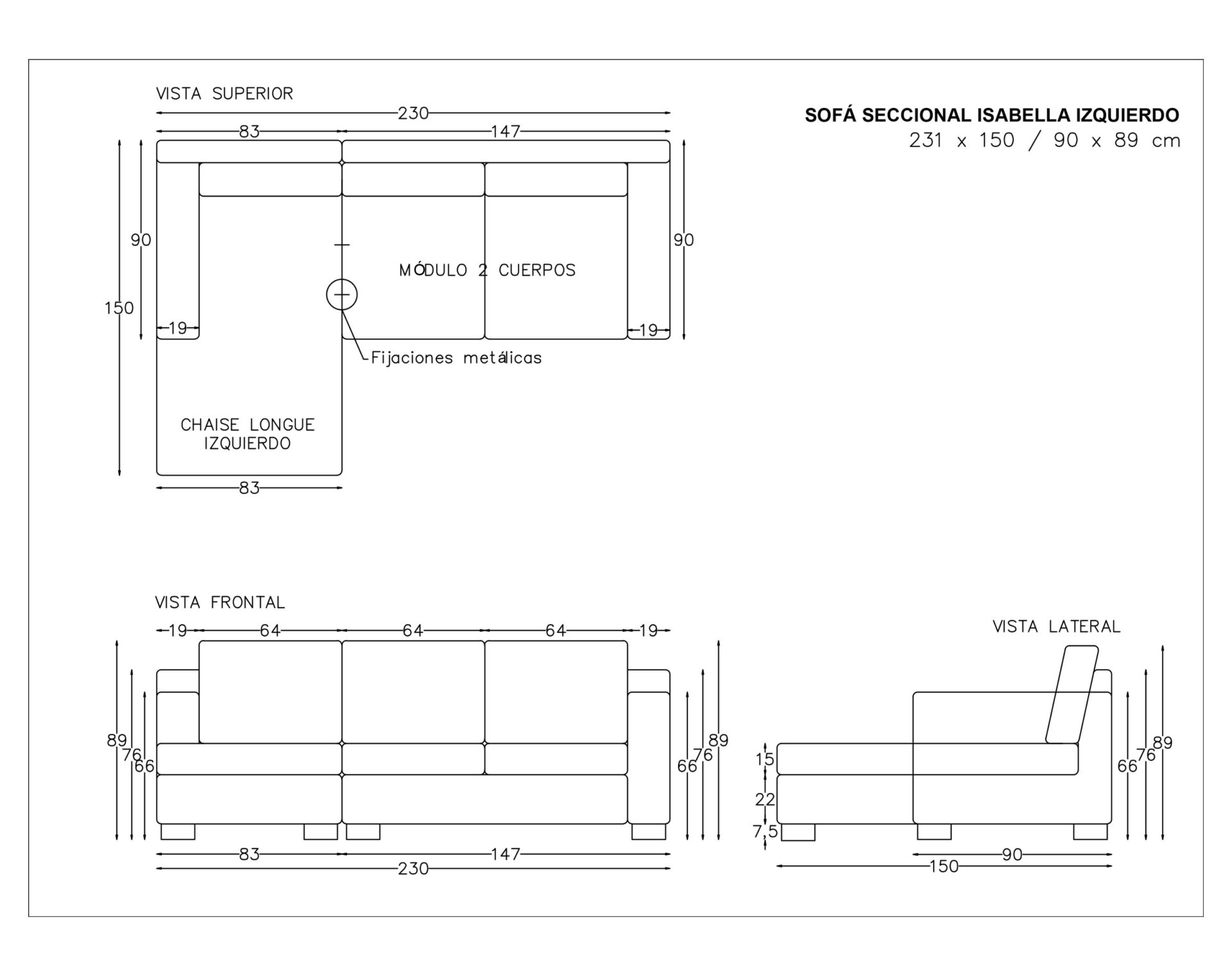 sofá seccional isabella chaise longue izquierdo cuero bonded 70%